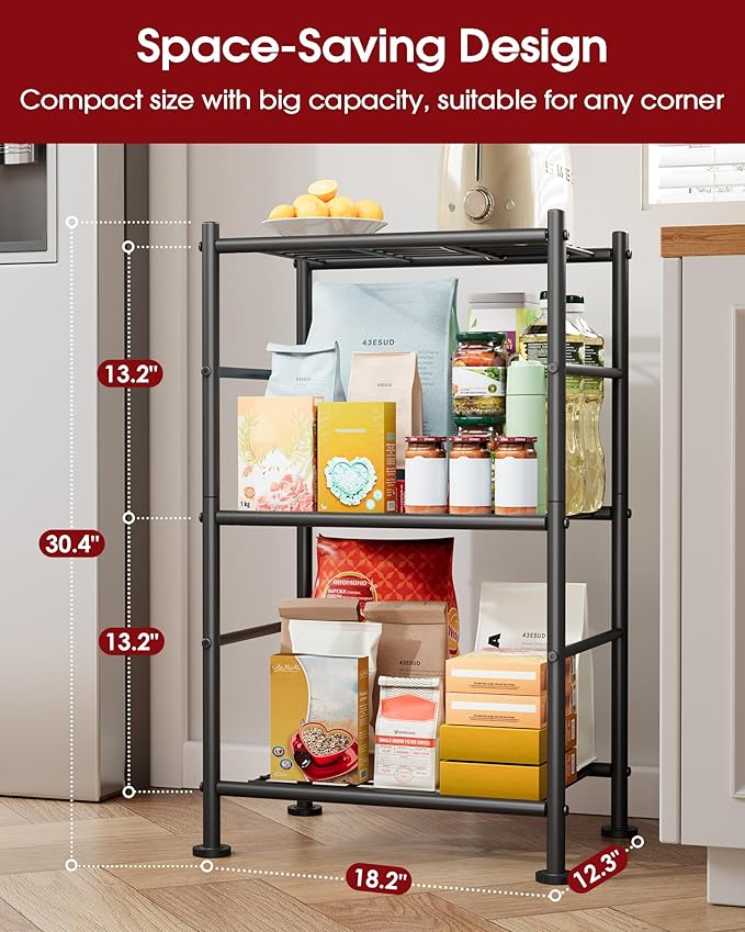 2-Pack Storage Shelves - 3-Tier Metal Wire Shelf Organizer, Slim Shelf Rack with Adjustable Feet for Laundry Room, Kitchen, Garage Organization, 18.2" x 12.3" x 30.4", Black