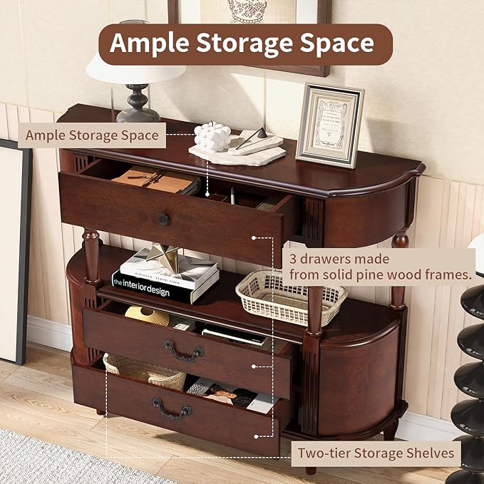 HMFULE Solid Wood Retro Curved Console Table, 43" Half Moon Console Table Sofa Table Entryway Table with 3 Drawers Open Shelf Pine Roman Legs Curved Corners for Living Room,Entryway,Hallway,Cherry