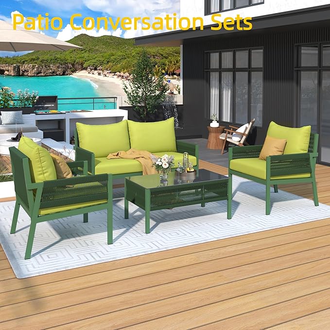 4-Piece Rope Outdoor Furniture Set, Patio Conversation Set with Tempered Glass Table, Rope-Woven Furniture Set with Deep Seat Design for Backyards, Balconies, Fluorescent Yellow & Green