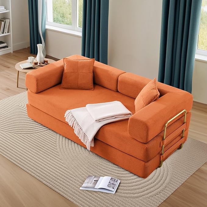 Antetek Convertible Futon Sofa Bed, 3-Seater Modern Corduroy Foam Floor King Size Bed Fold Out Sleeper Lounge Loveseat Sofa Couch with 2 Throw Pillows for Living Room Bedroom Guest Room, Orange