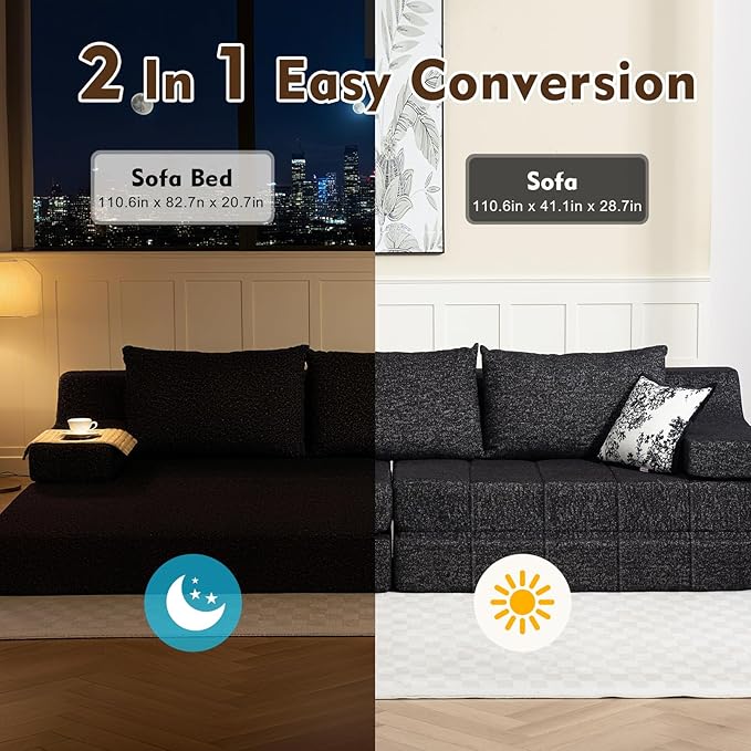 MEISSALIVVE Pull Out Sofa Bed, Queen Size Sleeper Sofa Bed with Wide Armrest & Thick Cushion, 2-in-1 Convertible Couch for Living Room, No Assembly Required (Black)