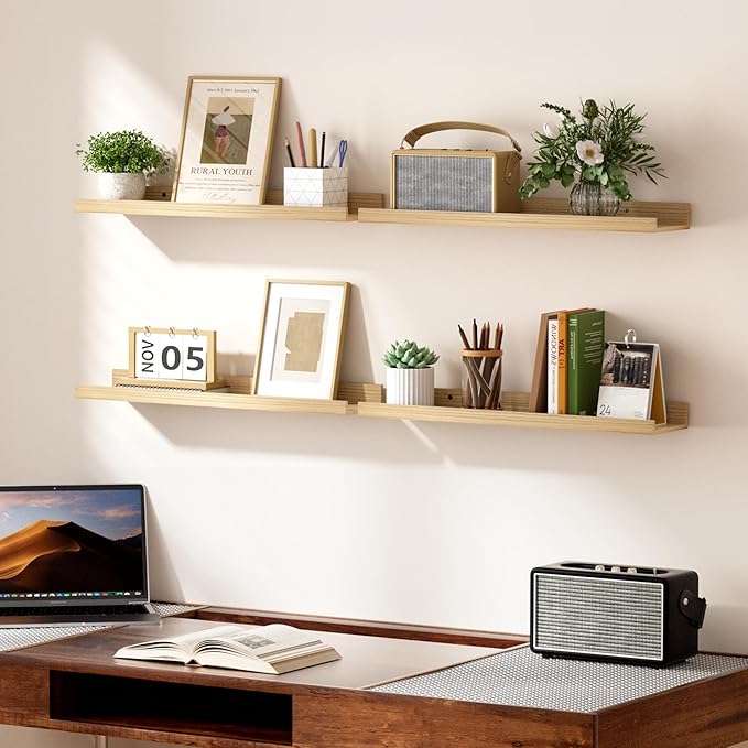 upsimples Floating Shelves for Wall, 23.6 Inch Shelves for Decor Storage Set of 6, Wall Mounted Wood Shelf for Bedroom, Living Room, Bathroom, Kitchen, Long Picture Ledge Shelves, Natural