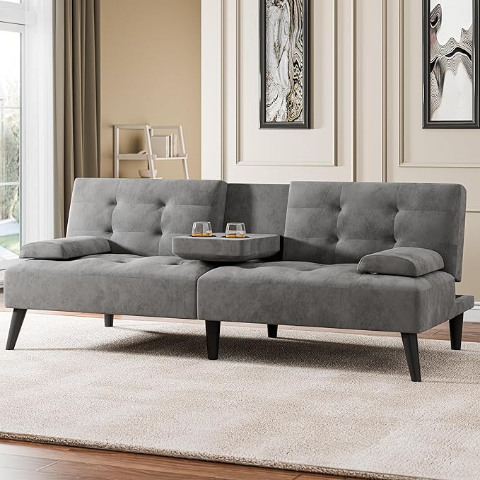 Meilocar Small Futon Sofa Bed Couch, Modern Convertible Sofa Couch, 64 in Recliner Sofa Bed for Living Room, Office, 2 Armrest Pillows, 2 Cup Holders, Dark Grey