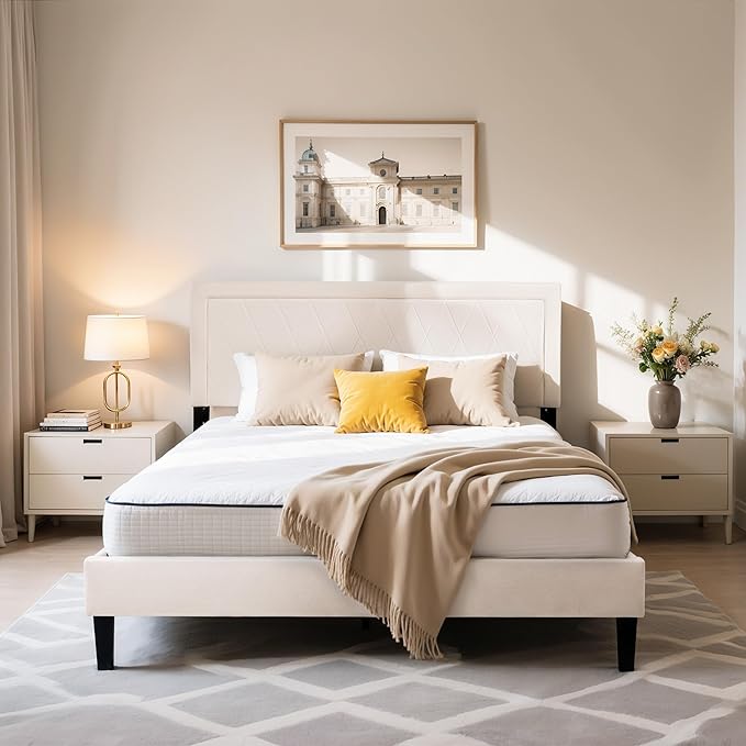 Hokway Bed Frame Upholstered Platform Bed with Headboard Wooden Slat Support No Box Spring Needed(Queen, Soft Beige)