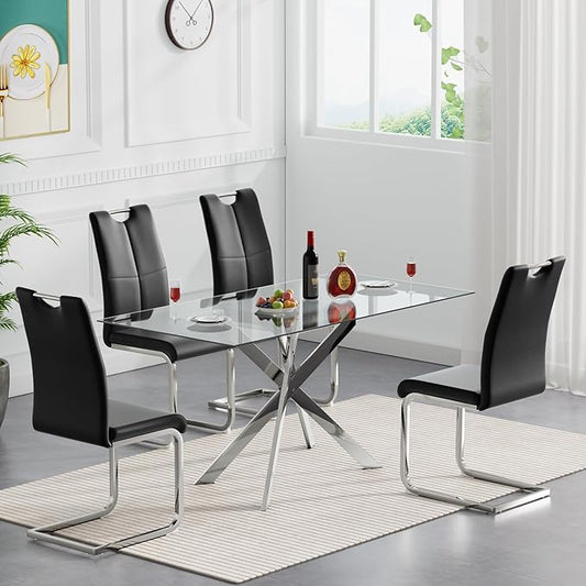 SSLine 51'' Silver Glass Dining Table Set for 4,5 Piece Kitchen Table and Chairs Set with Metal Legs and 4 PU Leather Dining Chairs for Kitchen Room Small Spaces