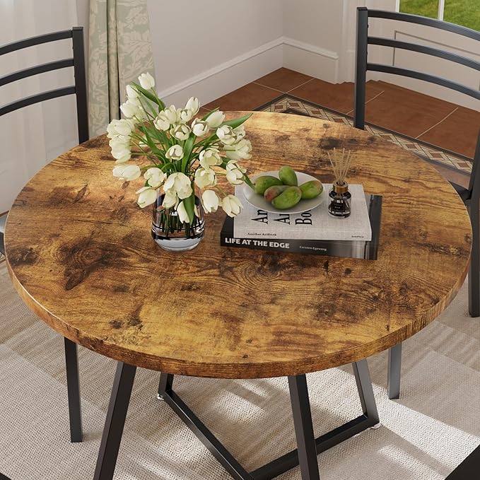 VECELO Round Dining Room Table with Wood Grain Tabletop and Steel Frame, for Kitchen, Living Room, Office, Conference, 2 to 4 Person, Antique Brown