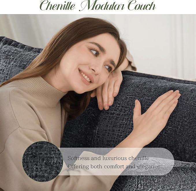 Comfy Chenille Cloud Couch with Movable Ottoman, Modular Sectional Sofa, 106" L Shaped Modern Sofa with Pillows, Deep Seat Couches for Living Room, Bedroom and Apartment, Black