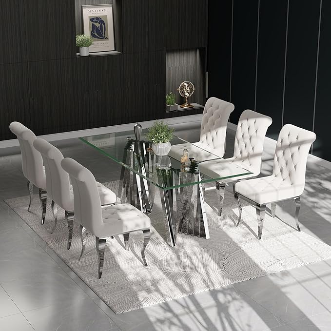 Dining Table for 4-8, 78“ Modern Falcone Kitchen and Dining Table with Tempered Glass Top, Silver Dinner Table for Dining Room, Kitchen, Party