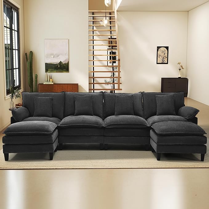 Modular Sectional Sofa, Comfy Cloud Couch with Movable Ottoman, Deep Seat Couches for Living Room, Bedroom and Apartment, 140" U Shaped Modern Sofa with Pillows, Black