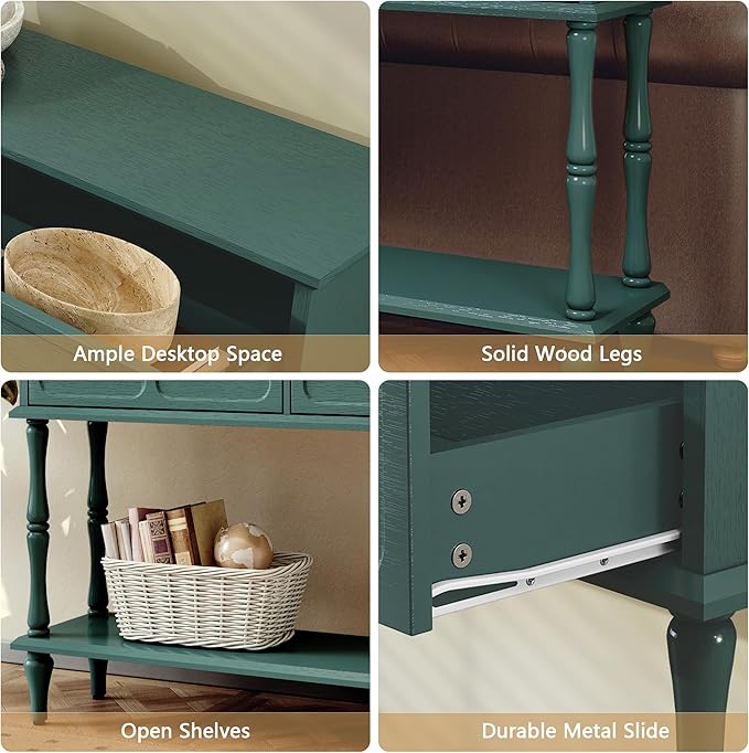 ARTPOWER Mid-Century Console Table for Entryway with 2 Drawers, Green Retro Entryway Table with Storage Cabinets and Open Shelf, Narrow Long Couch Table Behind Sofa for Living Room, Foyer, Hallway