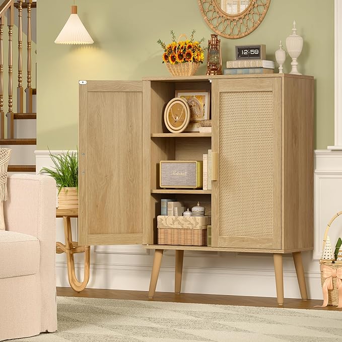 Iwell Storage Cabinet with 2 Shelves, Rattan Cabinet with 2 Doors, Sideboard Buffet Cabinets with Storage for Living Room, Dining Room, Entryway, Natural