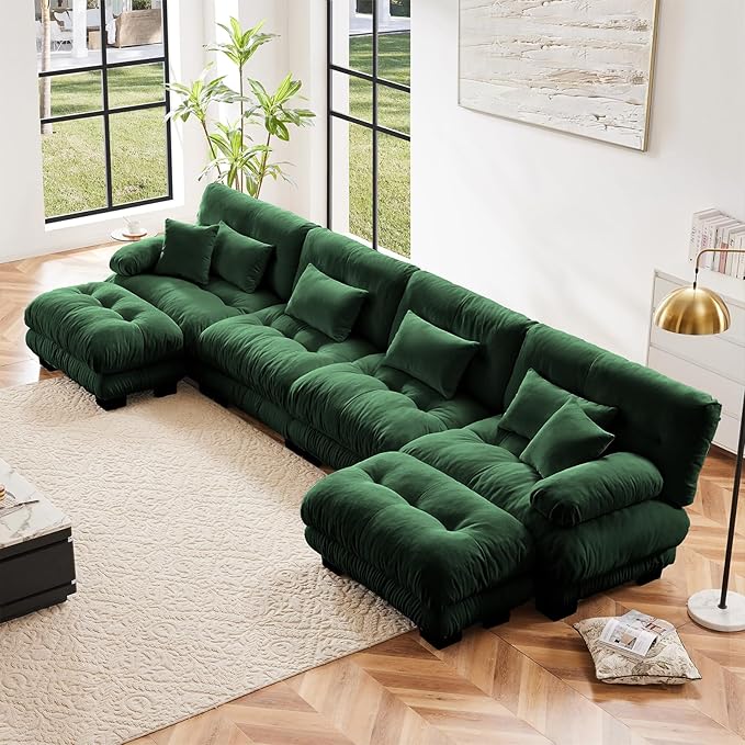173.2" Oversized Couch, 4 Seater Modular Sectional Sofa, Green Large U Shaped Sectional Couches for Living Room, Fluffy Chenille Fabric Cloud Couch with Ottoman, Deep Seat Sofas