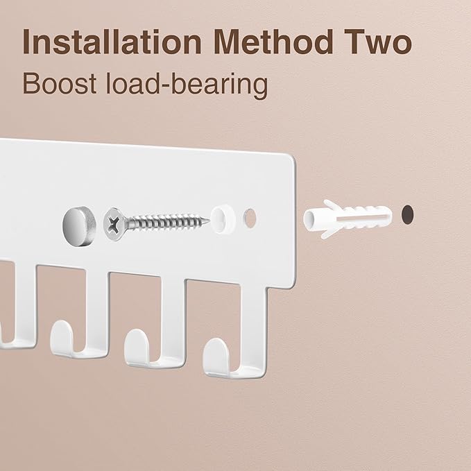 pickpiff Key Holder Wall Mount, Adhesive Key Rack with 8 Hooks Hanger for Car Key Ring, Metal Key Chain Organizer, White 1 Pack