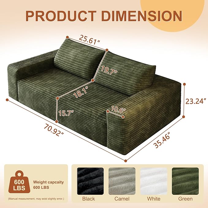 71" Corduroy Loveseat Sofa, 3-Seater Cloud Couch, Boneless Couch in a Box, Comfy Deep Seat Sofa with Memory Foam, Pillows and Wide Armrests, Modern Small Couches for Small Spaces, No Assembly (Green)