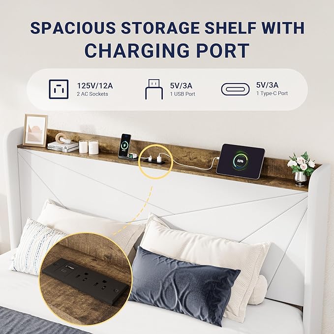 Allewie King Size Velvet Bed Frame with 3 Storage Drawers, Upholstered Platform Bed with Wingback Storage Headboard and USB Ports, No Box Spring Needed, Easy Assembly, White