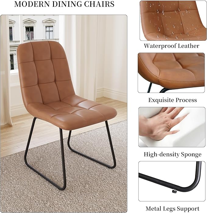 Dining Table Set for 4-6 People, 46 Inch Modern MDF Oak Kitchen Table with 4 Faux Leather Chairs, Rectangular Dining Room Table Set for Home, Small Spaces, Breakfast Nook (Oak Table + 4 Brown Chairs)