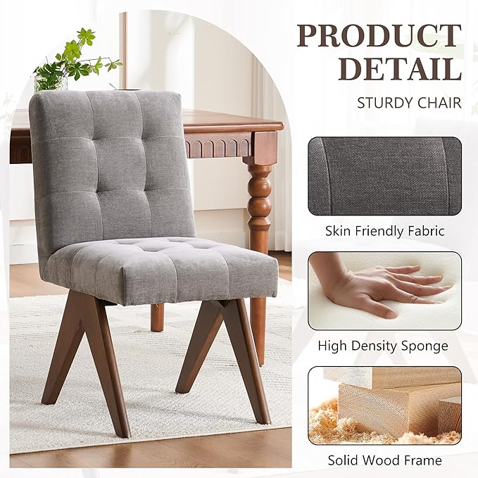 Rowill Modern Upholstered Dining Chairs Parsons Chair Linen Fabric Kitchen Chairs Tufted Armless Dining Room Chairs with Wood Legs Set of 4, Light Grey