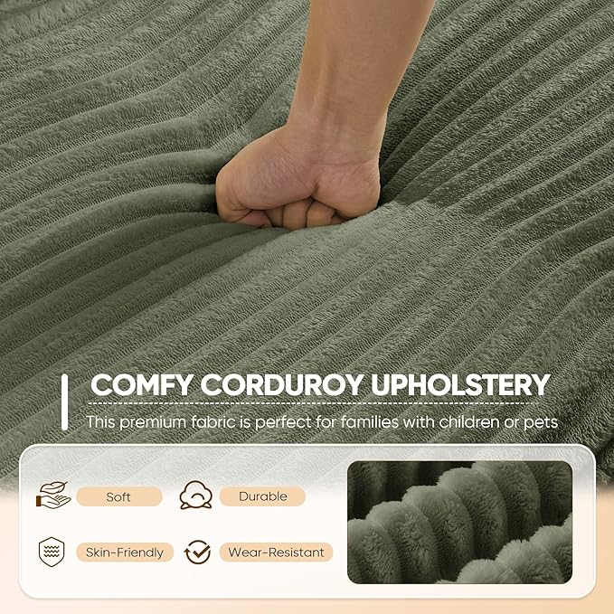 Antetek Convertible Sofa Bed, Comfy Corduroy Fluffy Love seat Sleeper Sofa, 5 in 1 Folding Couch Bed, Fold Out Floor Couch with Pillows for Bedroom, Living Room, Office, Wide Stripes, Green