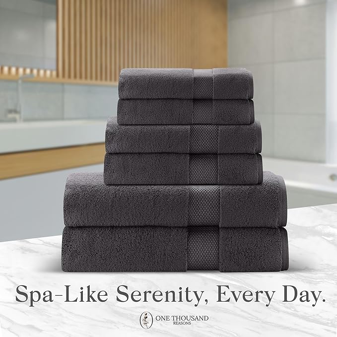Premium Staple Cotton Bathroom Towel Set - Dark Gray 600 GSM 6-Piece Luxury Bath Towel Set 1 Stripe - 2 Bath Towels, 2 Hand Towels & 2 Washclothes Set - High Absorbent & Quick Dry for Gym, Spa, Hotel