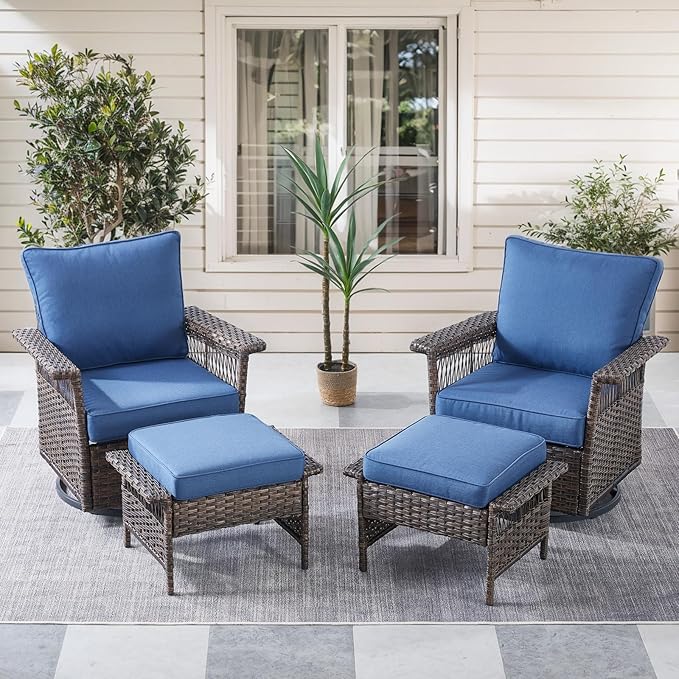 Outdoor Swivel Glider Chairs - 4 Pieces Hollow Widen Armrests Wicker Patio Furniture Set with Ottomans, High Back Outside Swivel Rocker for Balcony Porch Deck and Yard - Brown/Blue