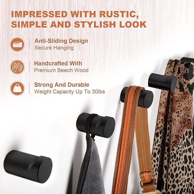 Wood Wall Hooks (6 Pack), Decorative Black Coat Hooks - Heavy Duty, Wall Mounted Hangers for Coats, Backpack, Towel, Cap (Black)