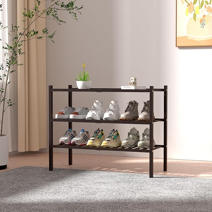 3 Tier Bamboo Shoe Rack for Closet Free Standing Wood Shoe Shelf for Entryway Small Space Stackable 27"x11"x20" (Brown)