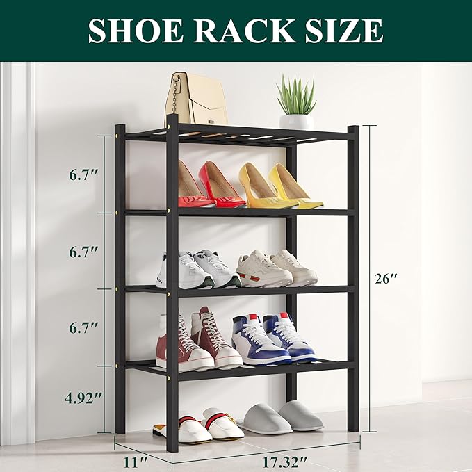 Smiry Shoe Rack, 4 Tier Small Bamboo Shoe Organizer, Stackable Free Standing Wooden Shoe Storage Shelf for Closet, Entryway, Front Door Entrance, Black