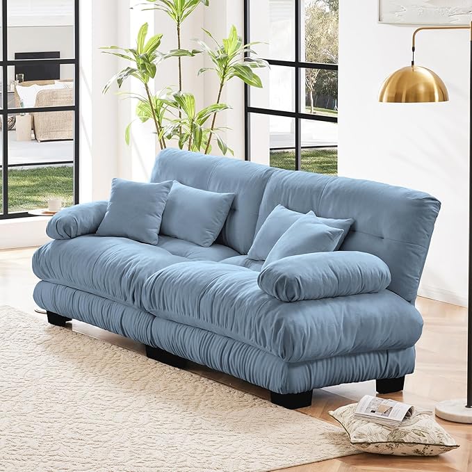 94.4” Oversized Loveseat Sofa, 2 Seater Modular Sectional Sofa, Blue Large Sectional Couches for Living Room, Fluffy Chenille Fabric Cloud Couch with 4 Pillows, Deep Seat Sofas