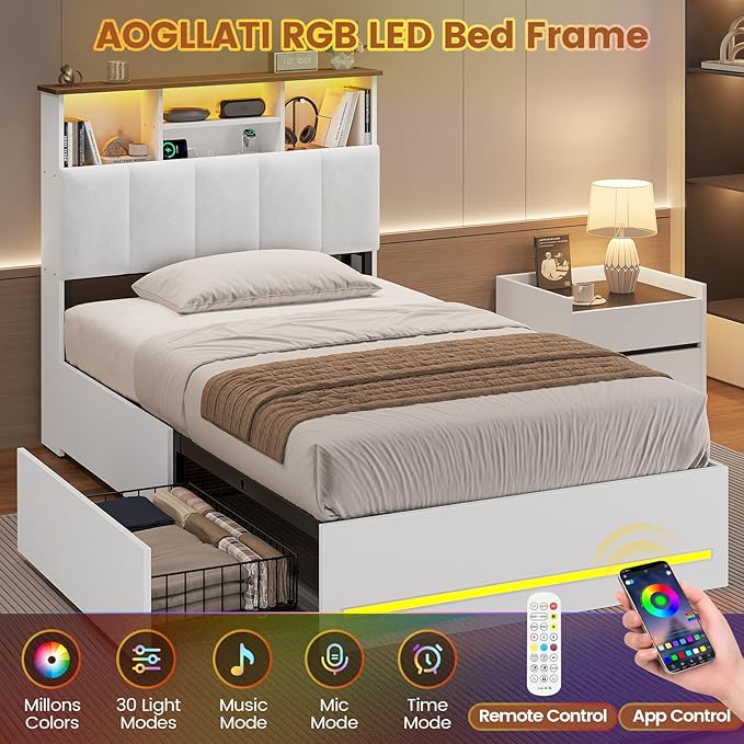 AOGLLATI Twin Bed Frame with 4 Storage Drawers & Charging Station & LED Lights, Twin Bed Frames with Stylish Bookcase Headboard, Led Bed Frame with Metal Slats, No Box Spring Needed,White