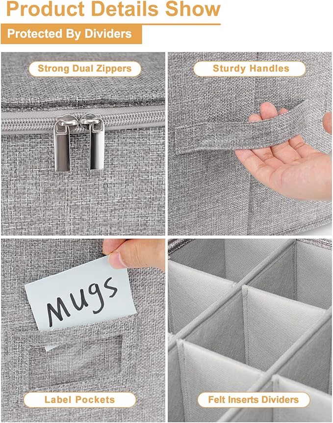 punemi Mug Storage Organizer with Rigid Top, Sides & Bottom, Padded Dividers, 2-Pack Stackable Coffee Mug Storage Boxes for Tea Cups, China Storage Containers for Packing & Moving