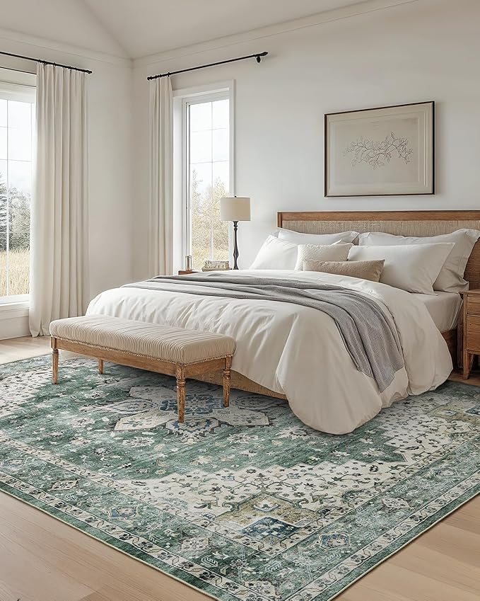 AMADA HOMEFURNISHING 9x12 Area Rug, Washable Low-Profile Large Area Rug with Non-Slip Backing & Durable Edge Binding, Vintage Large Rugs for Living Room, Bedroom