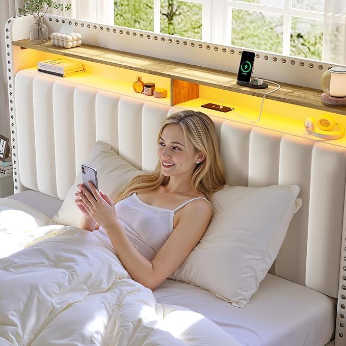 EnHomee King Size Bed Frame with 2 Storage Drawers, Upholstered Platform Bed with LED Lights and Charging Station, Sturdy Wooden Slats Support, No Box Spring Needed, Noise Free, Beige