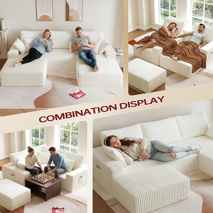 108" U Shaped Sectional Couch with Ottoman, Corduroy Modular Sectional Sofa with Deep Seat, Modern Modular L-Shape Sofa Couch with Chaise,Upholstered Boneless Couches for Living Room Bedroom