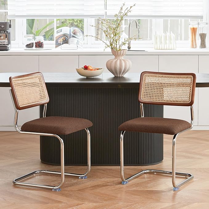 Brown Rattan Dining Chairs Set of 4,Wooden Mid-Century Modern Kitchen Chairs, Mesh Back Cane Dining Room Chairs, Cesca Chair with Metal Chrome Legs