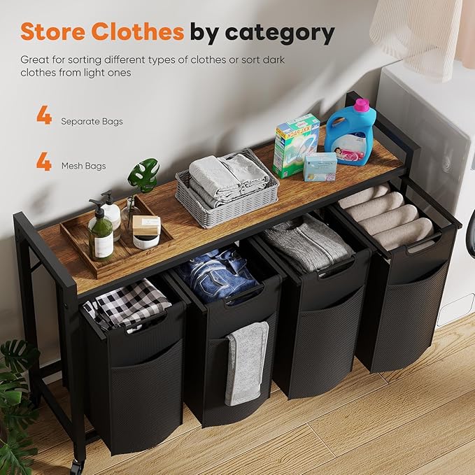 Sweetcrispy Laundry Hamper with 4 Pull-Out Removable Sorter Bags, Movable Wheels, Freestanding Clothes Basket Organizer in Bathroom, 4 × 10.6Gal (160L) Capacity, Rustic Brown and Black