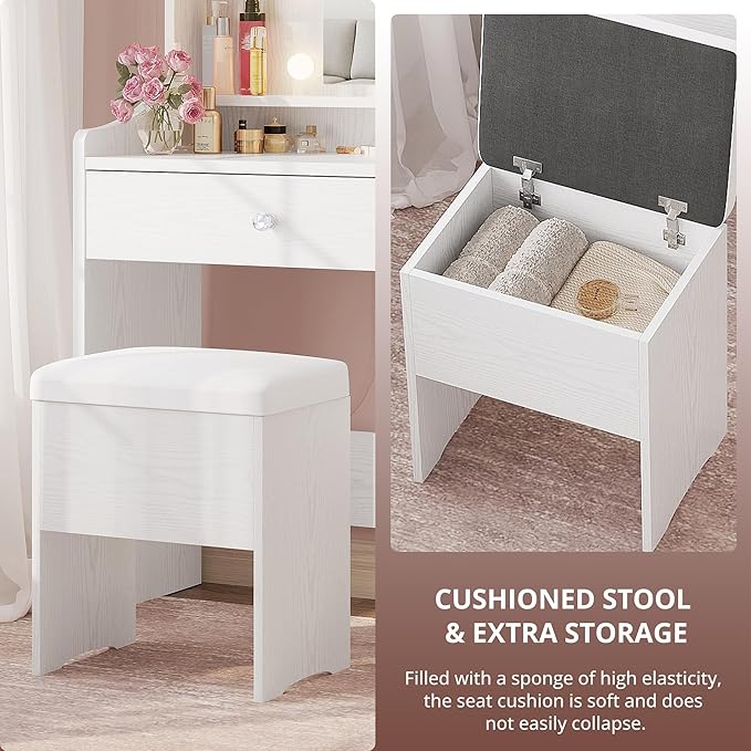 LIKIMIO Small Makeup Vanity Desk with Mirror and Lights, Vanity Table Set with Storage Stool, Makeup Drawer Organizer, Power Outlet, 3 Color Modes Adjustable Bulb, White Vanity for Bedroom