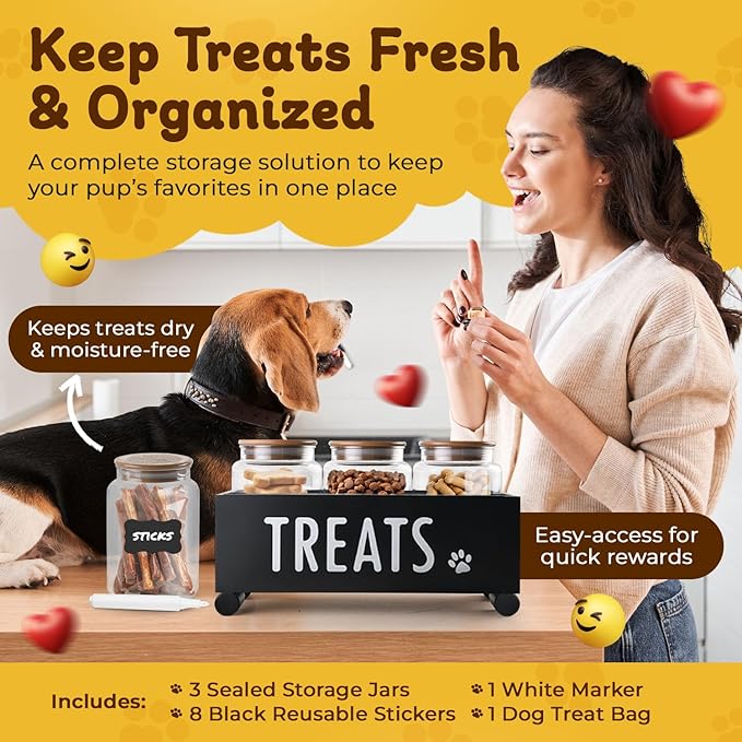 Dog Treat Container - Includes 3 Treat Jar, 1 Treat Bag, Wooden Pet Treat Container, Storage Basket For Pets, Dog Treat Station, with Reusable Sticker & Marker