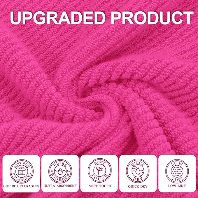 Hot Pink Towels for Bathroom - 100% Cotton | Quick Dry | Thick | Lightweight, 3PCS Towel Set, 1 Large Bath 30"x56",1 Soft Hand 18"x28",1 Absorbent Washcloth 13"x13", Bath Towels with Hanging Loops