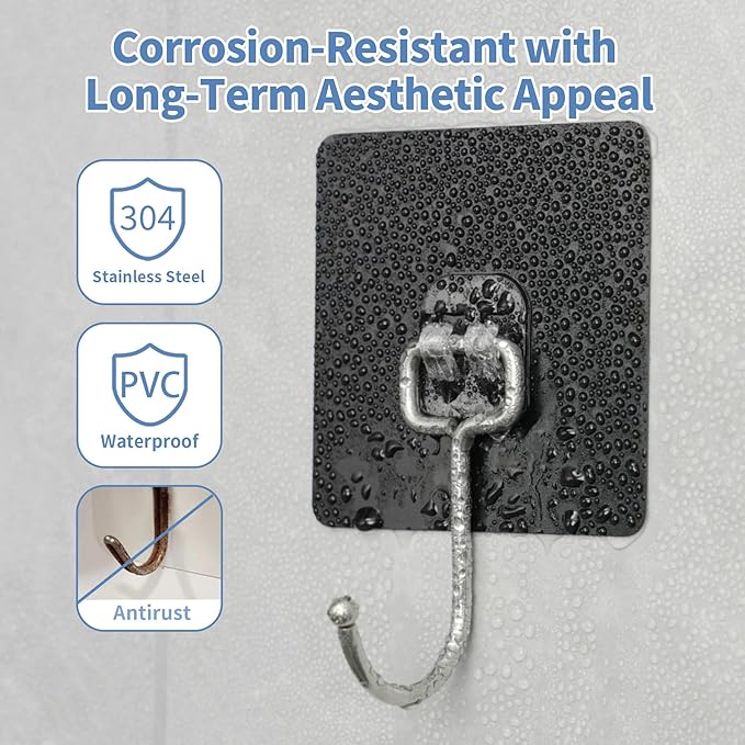 Adhesive Wall Hooks for Hanging - 60lb Heavy Duty Waterproof & Rustproof, Sticky Hooks for Walls No Damage, Kitchen/Bathroom/Rental (Ganchos para Pared) 10-Pack