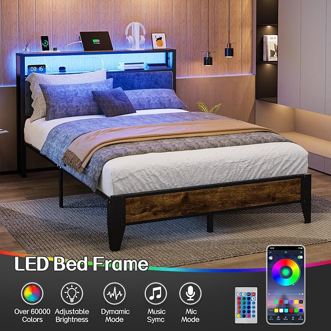 OLEVS Full Bed Frame with Headboard, Metal Platform Bed Full Size with 2-Tier Storage, LED Light & Charging Station Type C, No Box Spring Needed