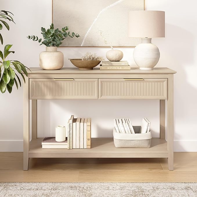 Bush Home Fluted Console Table with Drawers, Living Room Furniture, Camille Collection, Natural Birch Beige