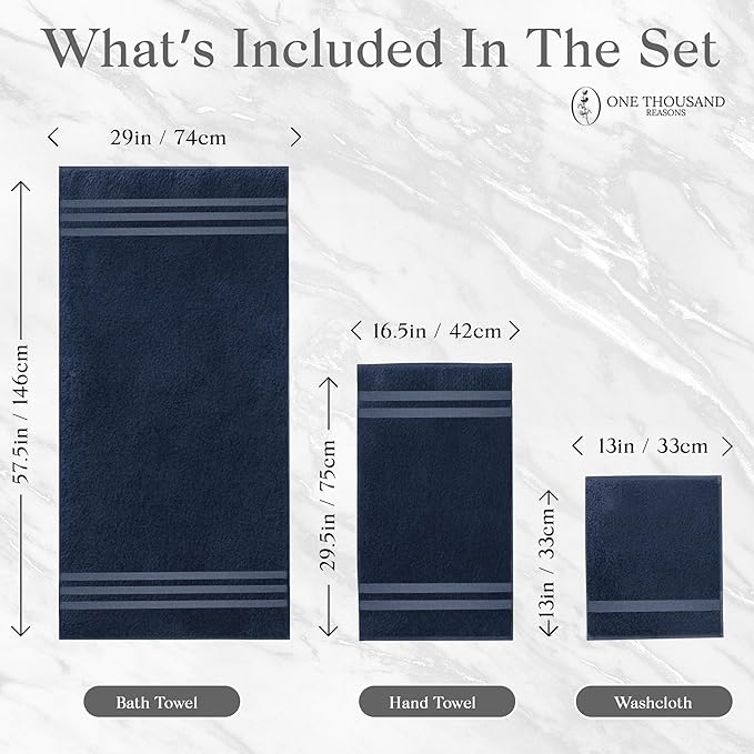 Premium Staple Cotton Bathroom Towel Set - Navy 600 GSM 6-Piece Luxury Bath Towel Set 3 Stripe - 2 Bath Towels, 2 Hand Towels & 2 Washclothes Set - High Absorbent & Quick Dry for Gym, Spa, Hotel