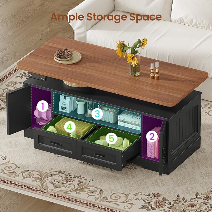 SEDETA 47.2" Electric Standing Coffee Table with Storage, Farmhouse Lift Top Coffee Table with Drawers and Open Shelves, Height Adjustable Tables with Power Outlet, for Living Room, Black