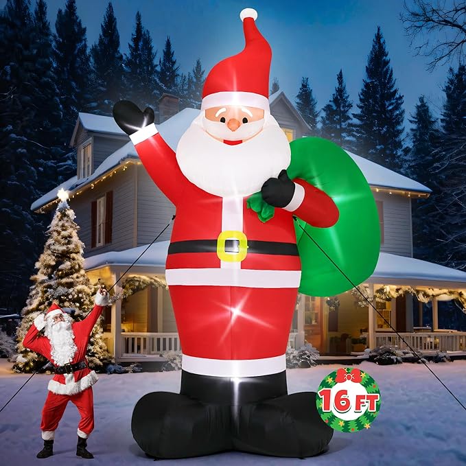 16FT Inflatable Christmas Santa, Giant Outdoor Santa Claus Blow Up Decorations with LED Lights, Waterproof Holiday Yard Decoration for Lawn, Garden, Xmas Party (16H x 9.8W x 5.2D ft)