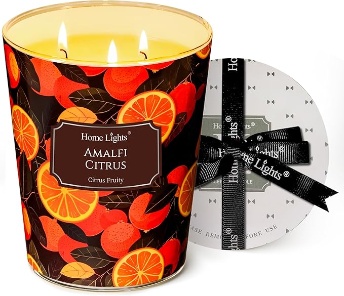 HomeLights 3-Wick Candles for Home Scented - 34oz Soy Wax Blend Candle Long-Lasting Fragrance, Eclectic Mixed Styles Home Decor and Housewarming Gifts, Amalfi Citrus