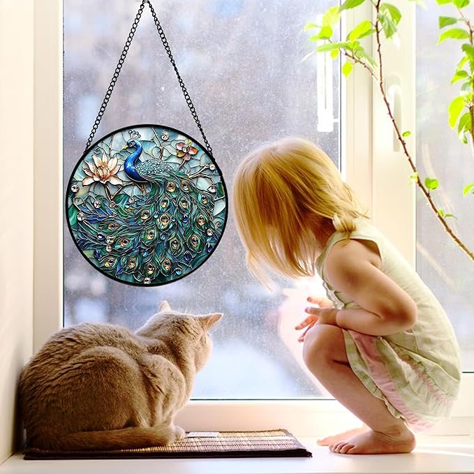 Stained Glass Window Hanging, Blue Peacock Decoration Suncatcher for Door Garden Home Flower Bird Sun Catchers Christmas Mother's Day Birthday Gifts for Women Men Mom Nana Friend 6.3 in