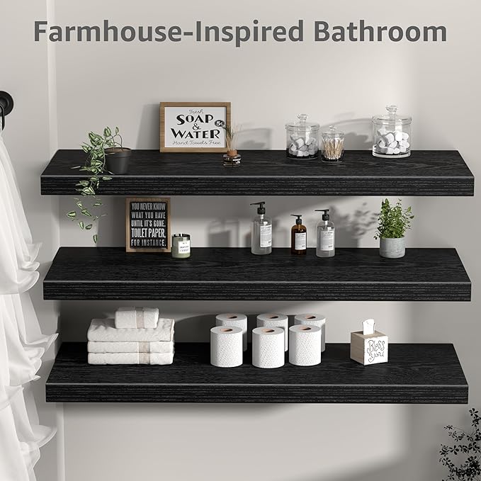QEEIG 12" Deep Floating Shelves for Wall - 12 x 36 inch Book Shelf Bathroom Bedroom Kitchen Living Room Hanging Bookshelf Farmhouse Set of 3, Black (026-90B3)