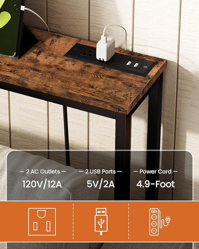 62.99" Narrow Console Table with Power Outlet 7.1" Skinny Sofa Long Behind Couch Table with Charging Station for Hallway, Living Room Rustic Brown and Black TXG16UBF