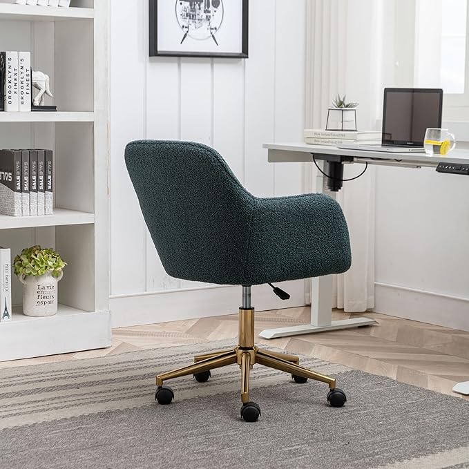 Goujxcy Fluffy Desk Chair, Faux Fur Vanity Chair Swivel Office Chair for Girls Women, Height Adjustable Cute Teddy Furry Makeup Chairs for Bedroom Home Office