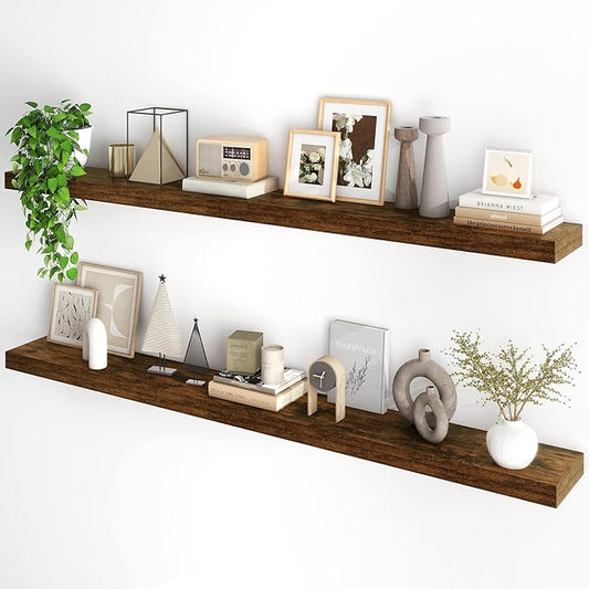 Fun Memories 66 Inch Fireplace Mantel - Long Floating Shelf, Wall Mounted Farmhouse Display with Invisible Heavy Duty Metal Bracket, Brown, 2 Pack